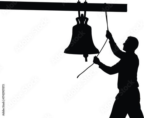 Bell ringing silhouette illustration, traditional alert and ceremonial gesture concept artwork for lifestyle, culture, and symbolic design