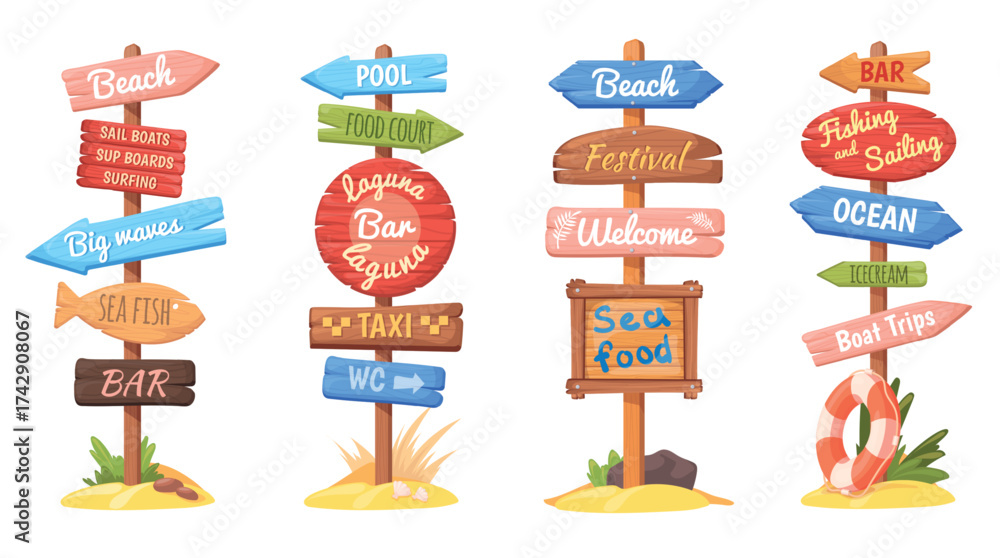 Fototapeta premium Beach signpost. Wooden sign summer swimming beach direction, surf pointers wood arrow signage on post travel way trip road billboard sea signboards cartoon neat vector illustration