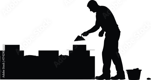 Bricklaying silhouette illustration with trowel and mortar, skilled construction labor and craftsmanship concept artwork for industry and education
