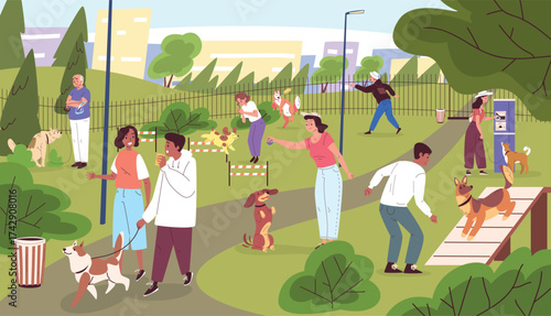 Dog playground. People training agility pets in city park, owner walk and play with dog activity exercise at canine obstacle yard outdoor puppy run, classy vector illustration