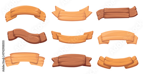 Cartoon wooden ribbons. Wood plank texture rpg game ui banners, rustic farm signboards old announcement panel medieval signs western placard ribbon frame, neat vector illustration