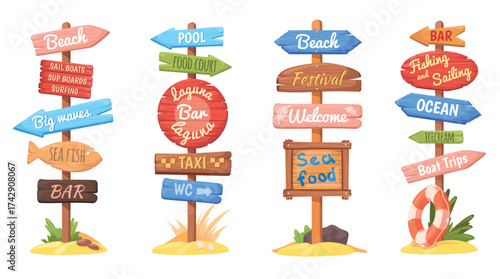 Beach signpost. Wooden sign summer swimming beach direction, surf pointers wood arrow signage on post travel way trip road billboard sea signboards cartoon neat vector illustration