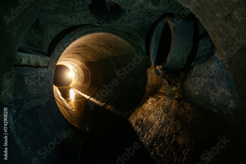 Inside underground urban sewer system. Dirty sewage flowing in round sewer pipe