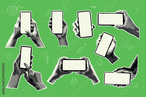 Smartphone halftone collage. Hand hold phone, cellphone screen social media mockup mixed mobile app telephone retro paper news pop art cutout sticker set exact vector illustration