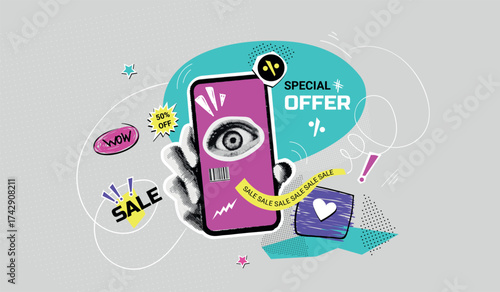 Phone sale collage. Smartphone online store special offer, mobile phone ad creative banner social media shop commerce business, retro pop art halftone exact vector illustration