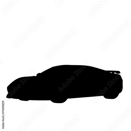 Black silhouette of a sleek modern sports car. Perfect for automotive logo, racing icon, or transport concept in minimalist and monochrome design style