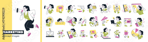 Marketing strategy scenes. Digital content data analysis, business corporate manager with megaphone social media event presentation design line icon set classy vector illustration