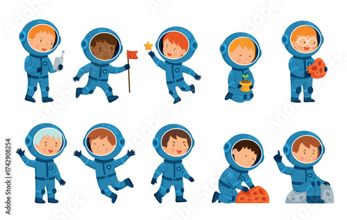 Cartoon kids astronauts. Children spaceman space adventure cute characters, boy and girl in cosmonaut costume cosmic costume child exploring galaxy, set kicky vector illustration