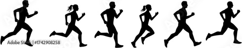 Black Silhouettes of Male and Female Runners in Motion, Representing Exercise, Fitness, and Sport Activities.