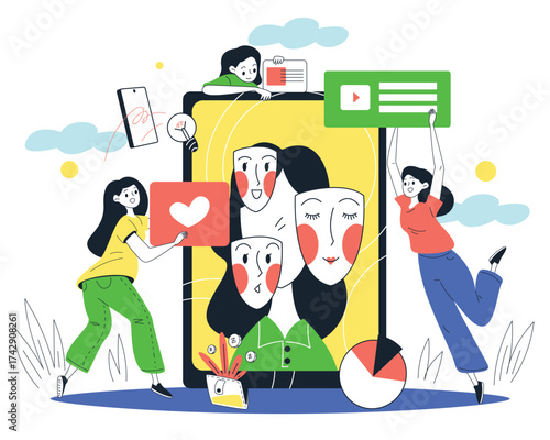 Personal brand. Woman branding building, social media profile identity web online presence public reputation awareness individual narrative advertising, classy vector illustration