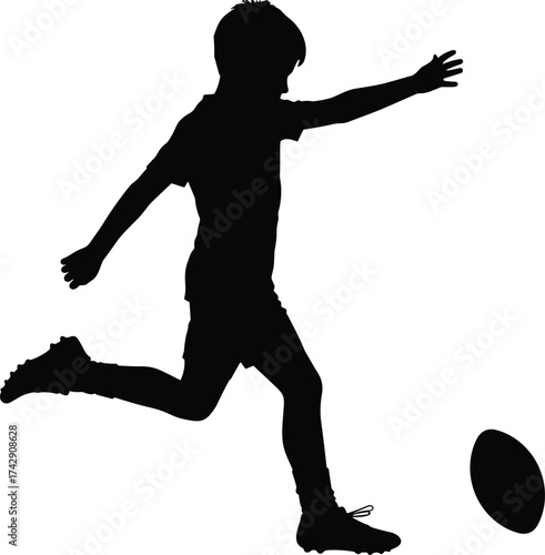 Child kicking football silhouette illustration, dynamic outdoor play and sports activity concept artwork for lifestyle and education design