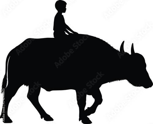 Child riding buffalo silhouette illustration, pastoral life and traditional transport concept artwork for lifestyle, culture, and rural design