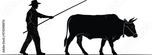 Cow herding silhouette illustration, traditional farming and rural labor concept artwork for agriculture, sustainability, and lifestyle design
