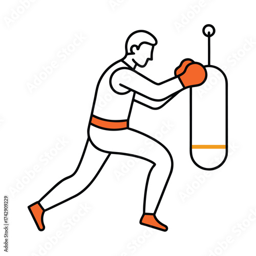 Boxer training with punching bag in minimalist style.