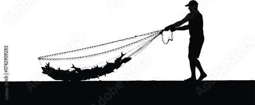 Fishing net silhouette illustration, traditional coastal labor and manual harvesting concept artwork for sustainability, culture, and lifestyle design