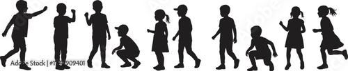 Children silhouettes collection, playful kids in motion, running walking crouching standing poses, childhood activity illustration set, vector art