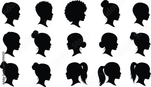 Female head silhouettes collection, diverse hairstyles in profile, women hairstyle variety, fashion beauty design set, vector art