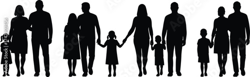 Family silhouettes collection, parents and children groups, diverse family structures, walking holding hands together, lifestyle illustration vector art