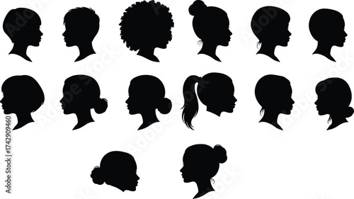 Female head silhouettes collection, diverse hairstyles in profile, women hairstyle variety, fashion design set, beauty vector art