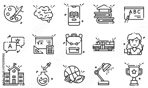 education and school line icon set. including trophy teach, math, teacher, art, language, brain, and many more. vector ilustration