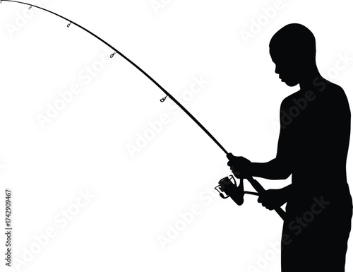 Fishing silhouette illustration with rod and reel, outdoor recreation and lifestyle concept artwork for nature, sport, and leisure design