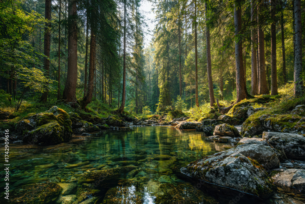 Obraz premium Tranquil forest stream surrounded by lush trees and moss-covered rocks