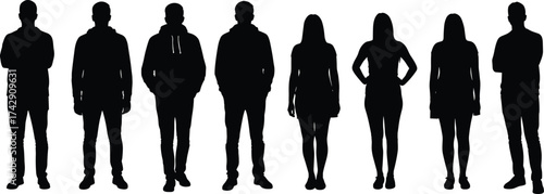 Human silhouettes collection, 8 diverse male and female figures, casual clothing mix, standing posture illustration set, vector art