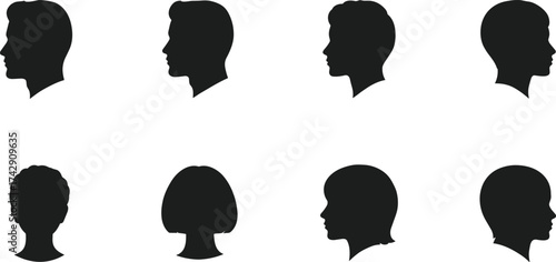 Human head silhouettes collection, male and female profiles, diverse hairstyles side view, fashion beauty design set, vector art
