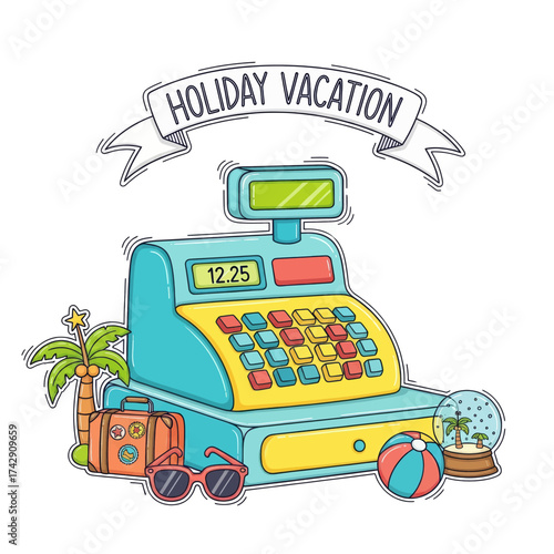 A cartoon cash register surrounded by holiday vacation items like a suitcase, palm tree, and beach ball, illustrating the cost of travel.