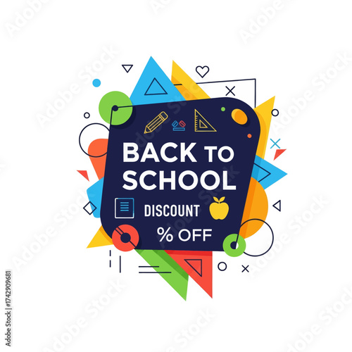 Back to School Discount Sale with Geometric Shapes and School Supplies Illustration.