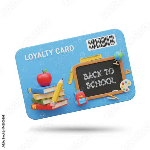 A 3D illustration of a blue 'Back to School' themed loyalty card with educational supplies like books, an apple, and a chalkboard.