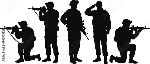 Soldier silhouettes collection, armed military men in action poses, rifles saluting kneeling standing, defense combat illustration vector art