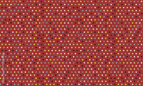 Vibrant red background adorned with a repeating pattern of tiny multicolored dots.  A playful yet sophisticated design perfect for textiles, websites, or branding.