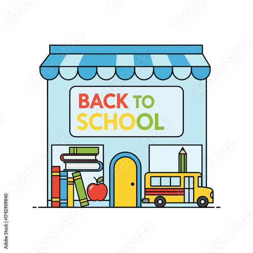 A flat line art illustration of a school supply store with a 'Back to School' sign, books, an apple, and a yellow school bus.