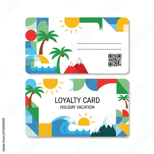 Colorful loyalty card template for a holiday vacation, featuring a geometric design with summer travel icons.