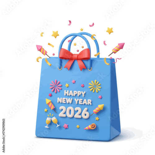 3D rendered illustration of a blue shopping bag with a red bow, fireworks, and Happy New Year 2026 text.