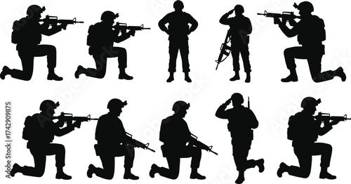 Soldier silhouettes collection, military men in action poses, armed forces with rifles, saluting marching kneeling, vector art