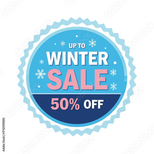 A blue and pink circular badge announcing a winter sale with 50% off.