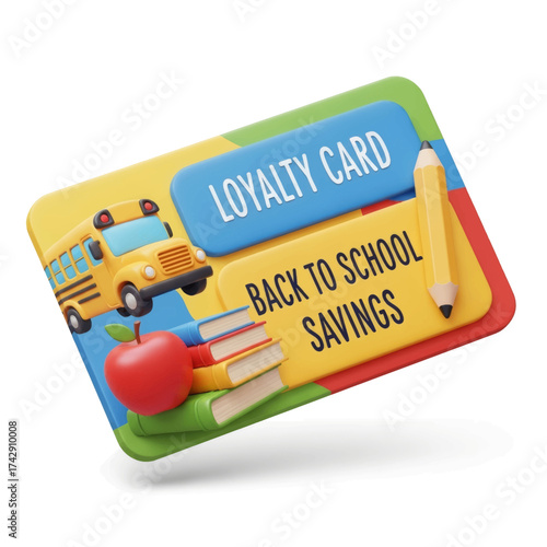 Back to school loyalty card with school bus, books, apple and pencil.