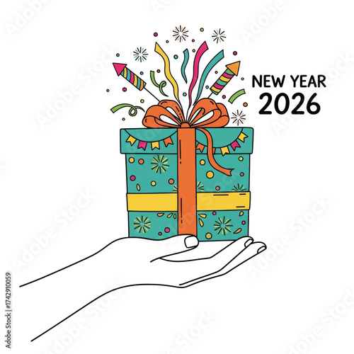 Illustration of a hand presenting a colorful gift box with fireworks and confetti for the New Year 2026 celebration.