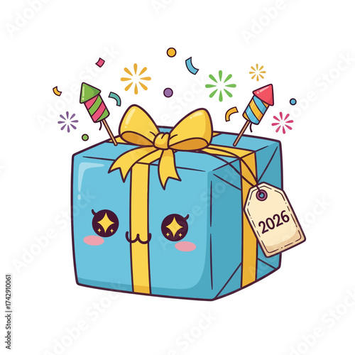 Cute kawaii blue gift box with yellow ribbon, bow, and 2026 tag, surrounded by festive fireworks and confetti.
