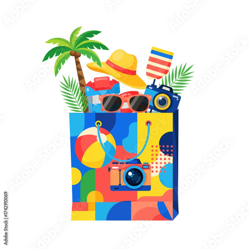 Colorful shopping bag filled with summer vacation items, including a camera, hat, and beach ball.