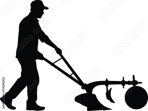 Plow operator silhouette illustration, traditional soil cultivation and manual farming concept artwork for agriculture, sustainability, and lifestyle design