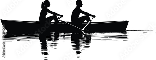 Rowing boat silhouette illustration with water reflection, teamwork and outdoor activity concept artwork for lifestyle and nature design