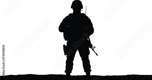 Soldier silhouette illustration with rifle and gear, military discipline and readiness concept artwork for defense, culture, and lifestyle design