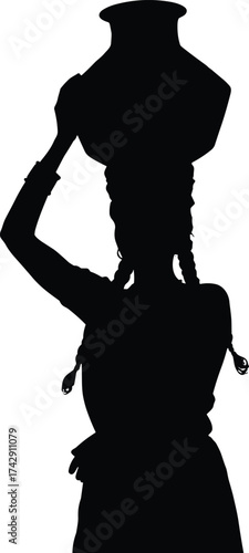Traditional labor silhouette illustration, person carrying pot on head, rural lifestyle and cultural heritage concept for design and education