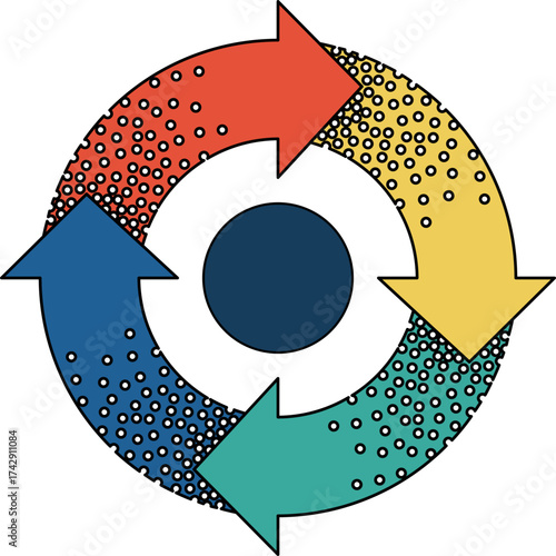 Colorful 4 arrows recycle symbol with shatter effect. Dynamic Circular Arrows Logo Representing Continuous Process.