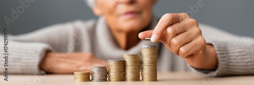 Elderly woman adding coins to growing stacks on table, in soft focus setting with gray background, symbolizing financial insecurity and economic pressure