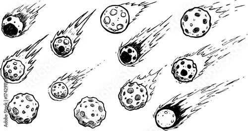 Meteor Shower Sketch: Black and White Cartoon Comets and Asteroids with Trails