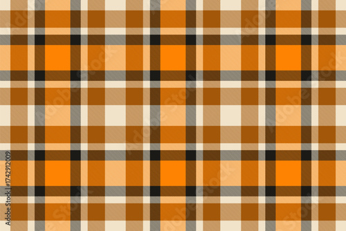 Warm plaid pattern with autumn colors orange, brown, beige,  black creating a cozy and timeless texture. Ideal for backgrounds, textiles, fashion  festive designs.